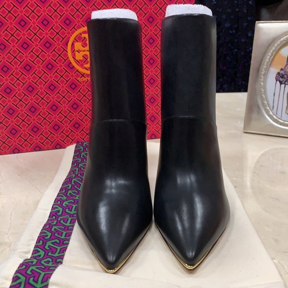 TORY BURCH LILA BLACK CALF LEATHER ANKLE BOOTIE WITH A GOLD SLANTED BLOCK HEEL - Picture 5 of 11